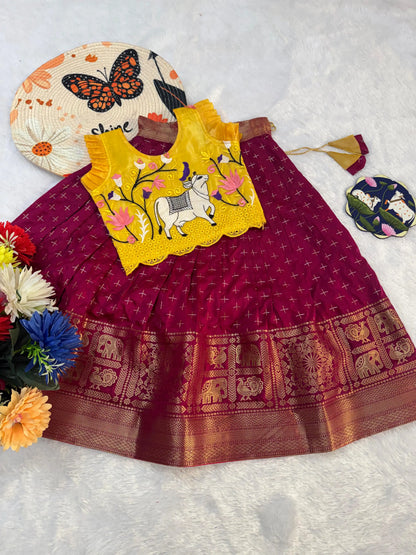 Kids Fancy Weaving Pichwai Embroidery Work Lehenga - Yellow Wine