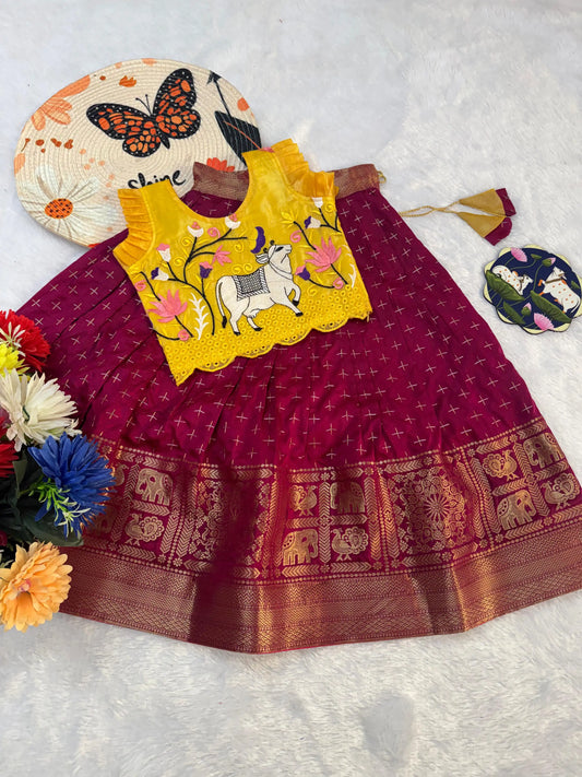 Kids Fancy Weaving Pichwai Embroidery Work Lehenga - Yellow Wine