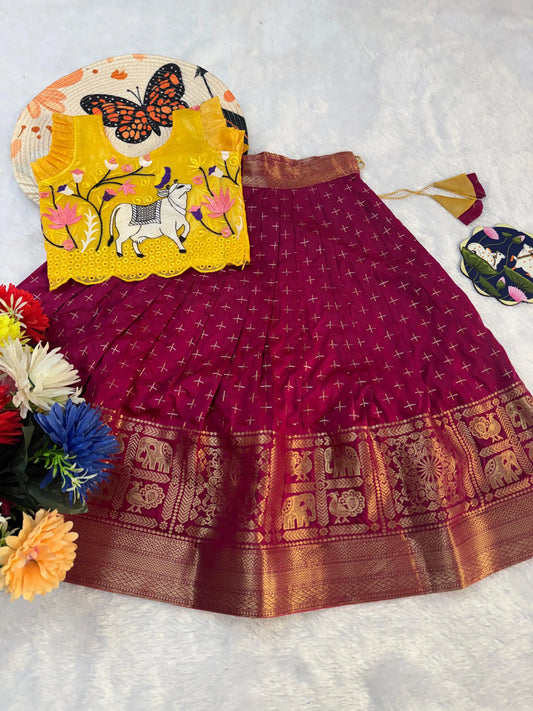 Kids Fancy Weaving Pichwai Embroidery Work Lehenga - Yellow Wine