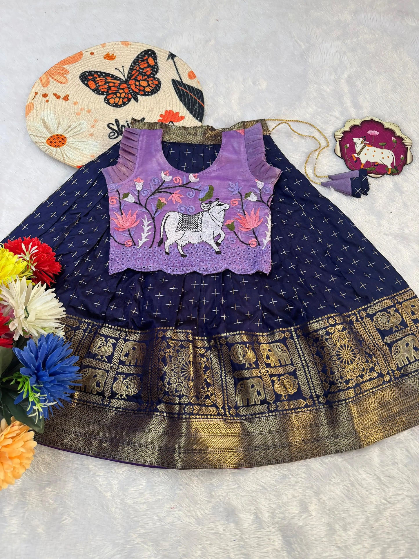 Kids Fancy Weaving Pichwai Embroidery Work Lehenga - Lilac Navy