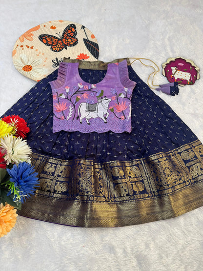 Kids Fancy Weaving Pichwai Embroidery Work Lehenga - Lilac Navy
