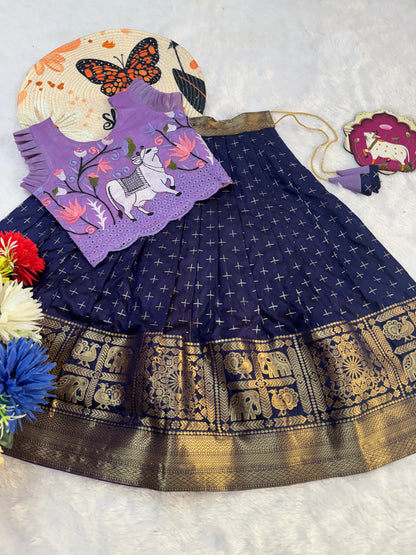 Kids Fancy Weaving Pichwai Embroidery Work Lehenga - Lilac Navy