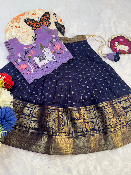 Kids Fancy Weaving Pichwai Embroidery Work Lehenga - Lilac Navy