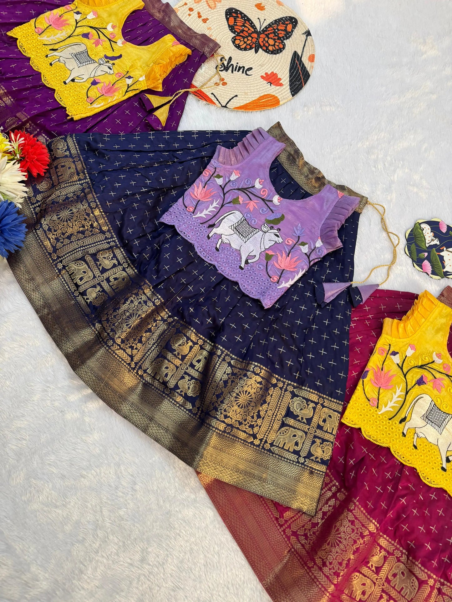 Kids Fancy Weaving Pichwai Embroidery Work Lehenga - Lilac Navy