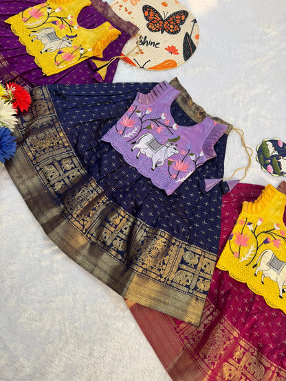Kids Fancy Weaving Pichwai Embroidery Work Lehenga - Lilac Navy