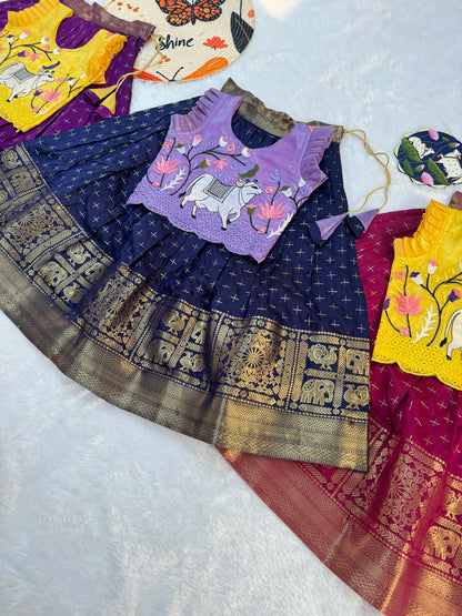 Kids Fancy Weaving Pichwai Embroidery Work Lehenga - Lilac Navy
