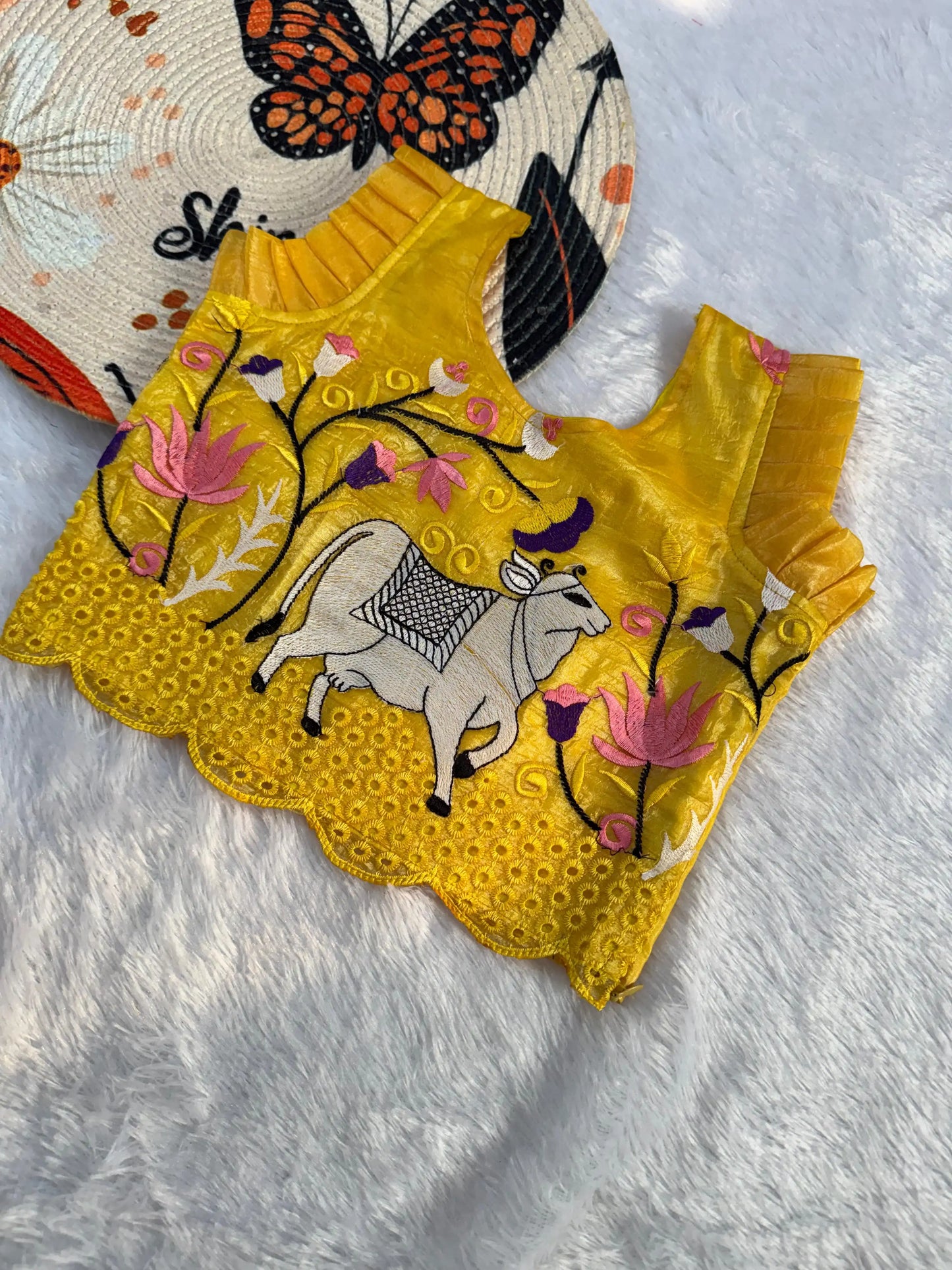 Kids Fancy Weaving Pichwai Embroidery Work Lehenga - Yellow Wine