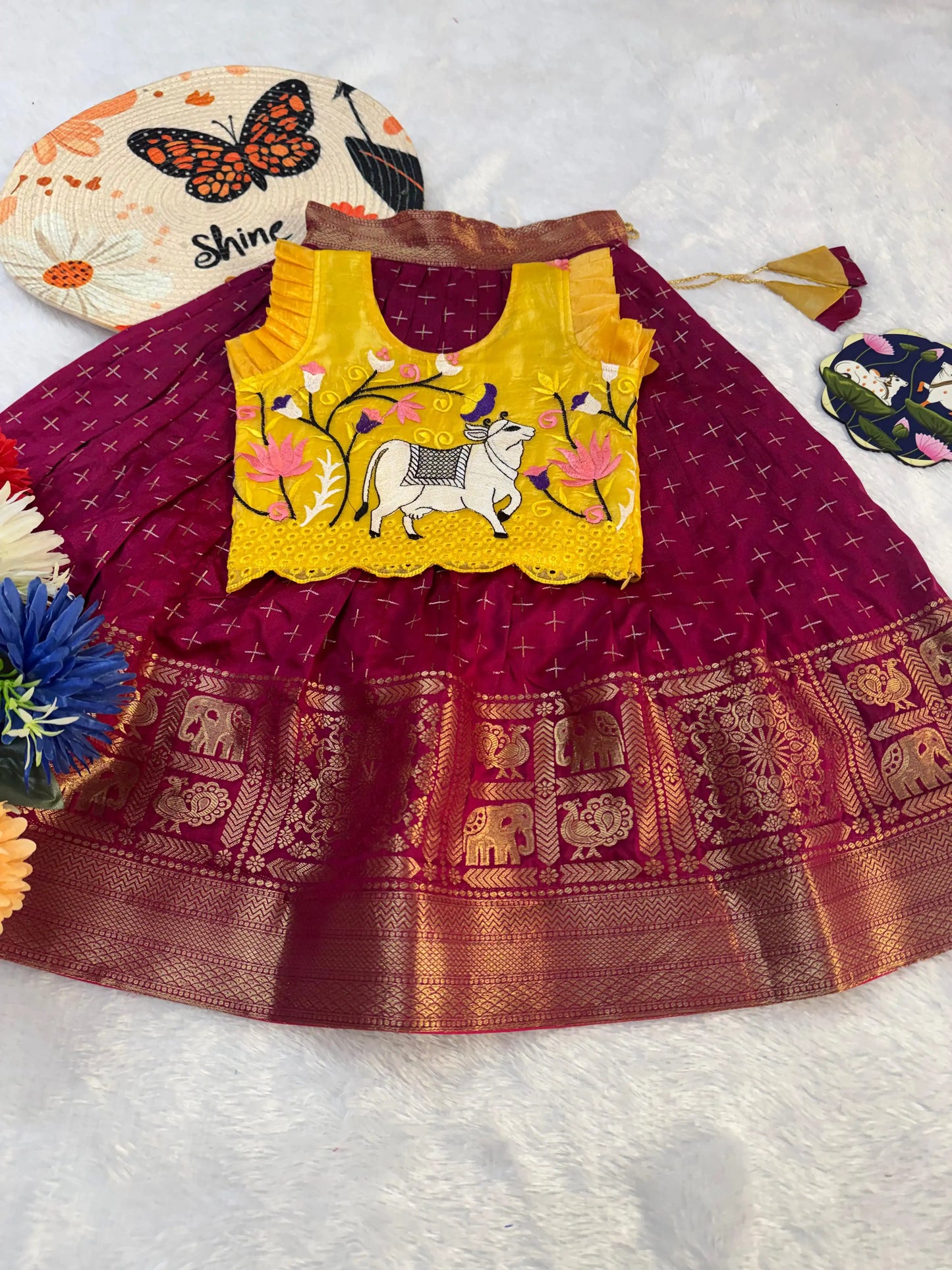 Kids Fancy Weaving Pichwai Embroidery Work Lehenga - Yellow Wine