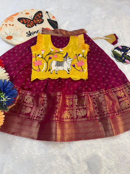 Kids Fancy Weaving Pichwai Embroidery Work Lehenga - Yellow Wine