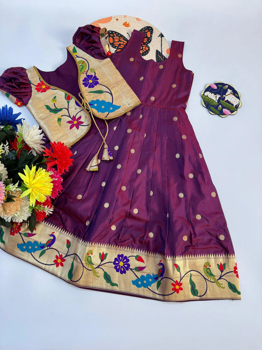 Trending Paithani Gown with Coat For Kids - Purple