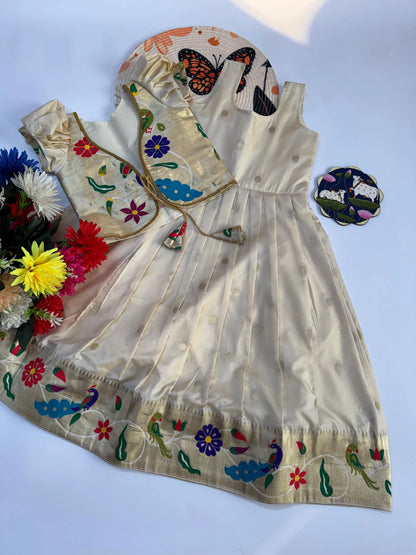Trending Paithani Gown with Coat For Kids - White