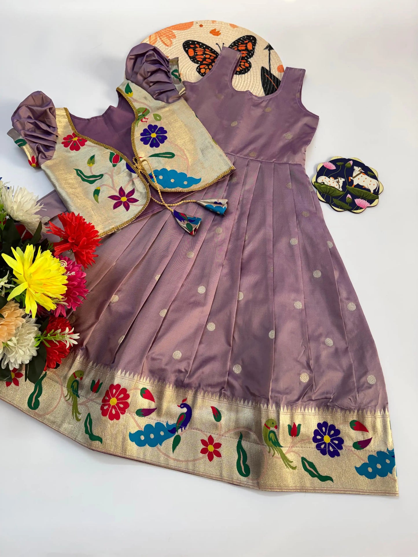 Trending Paithani Gown with Coat For Kids - Onion Pink