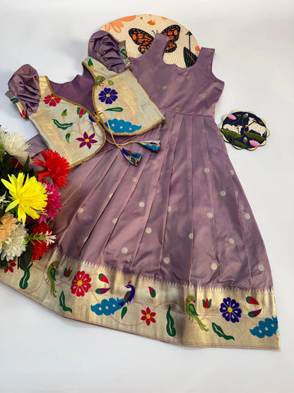 Trending Paithani Gown with Coat For Kids - Onion Pink