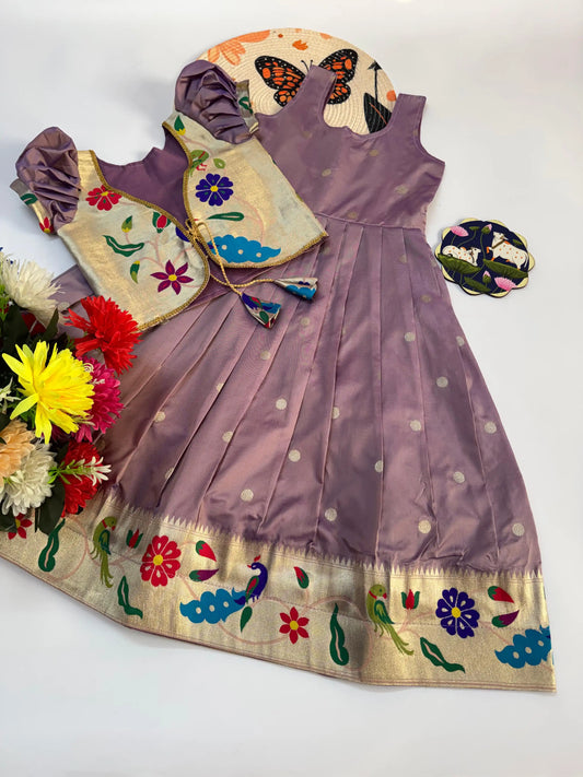 Trending Paithani Gown with Coat For Kids - Onion Pink