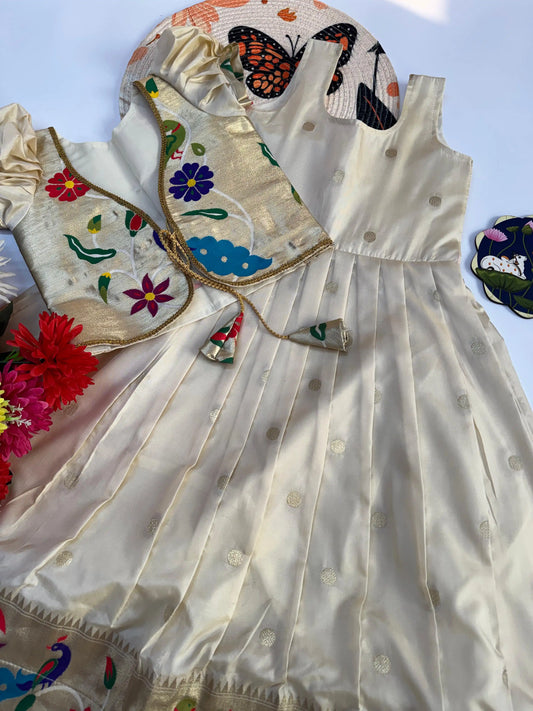 Trending Paithani Gown with Coat For Kids - White