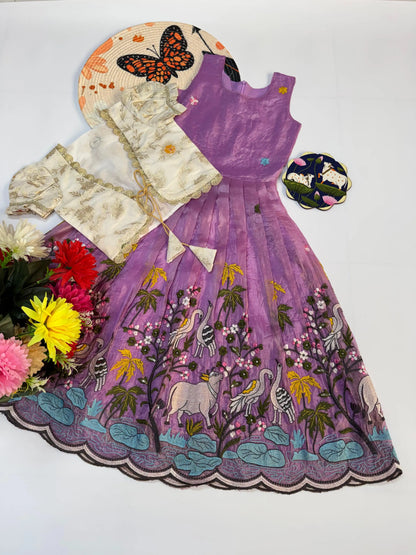 Kids Pichwai & Bird Embroidery Gown with Coat - White-Lavender