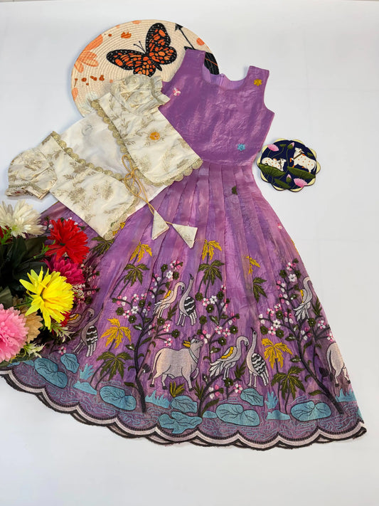 Kids Pichwai & Bird Embroidery Gown with Coat - White-Lavender