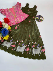 Pichwai Trending Gown With Coat For Kids- Pink-Green