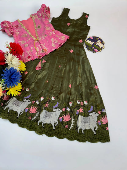 Pichwai Trending Gown With Coat For Kids- Pink-Green