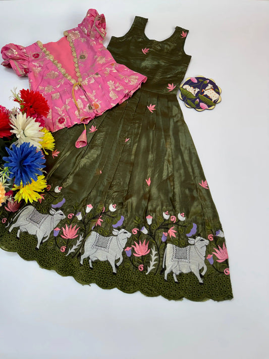 Pichwai Trending Gown With Coat For Kids- Pink-Green
