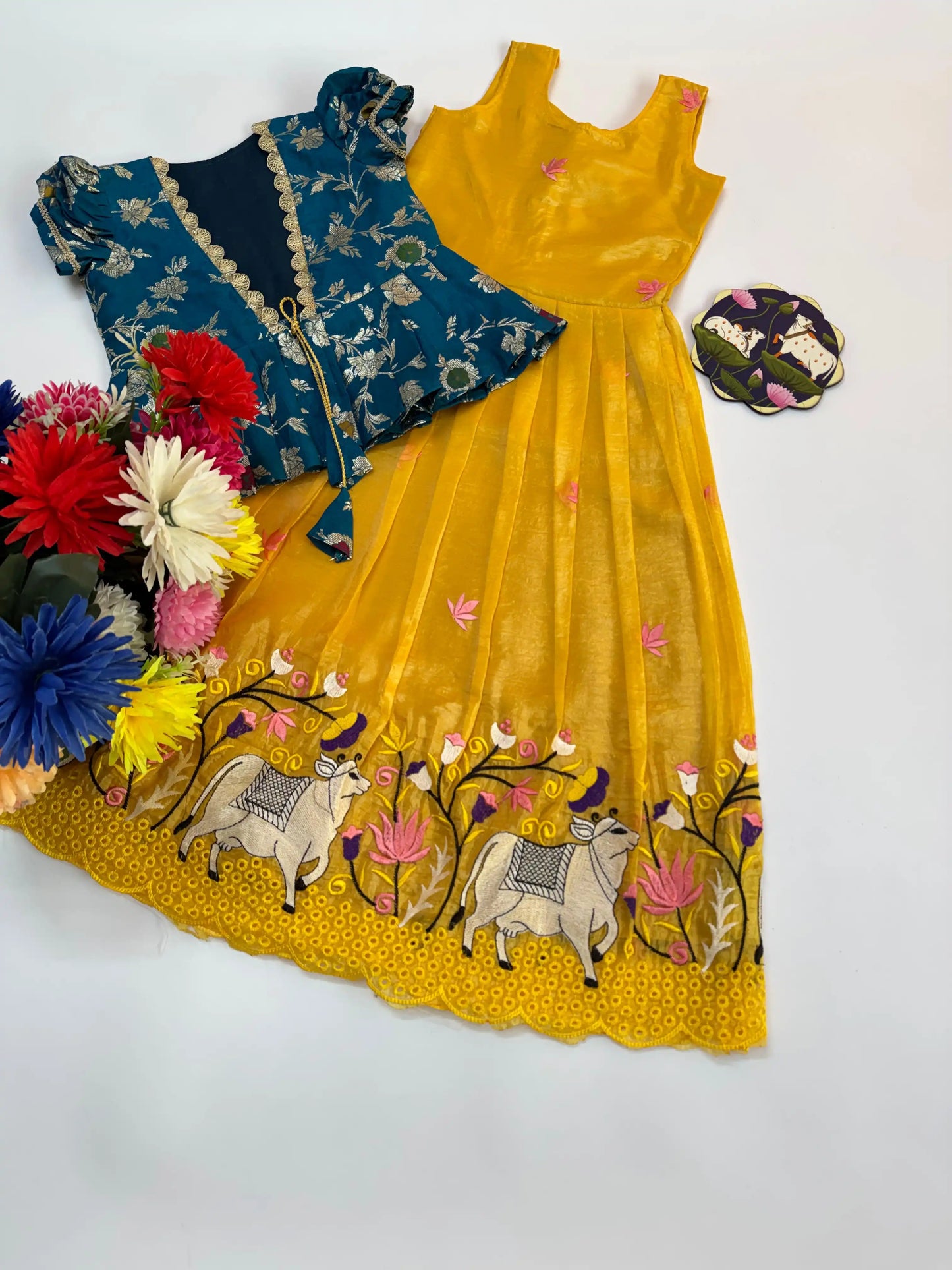 Pichwai Trending Gown With Coat For Kids- Rama-Yellow