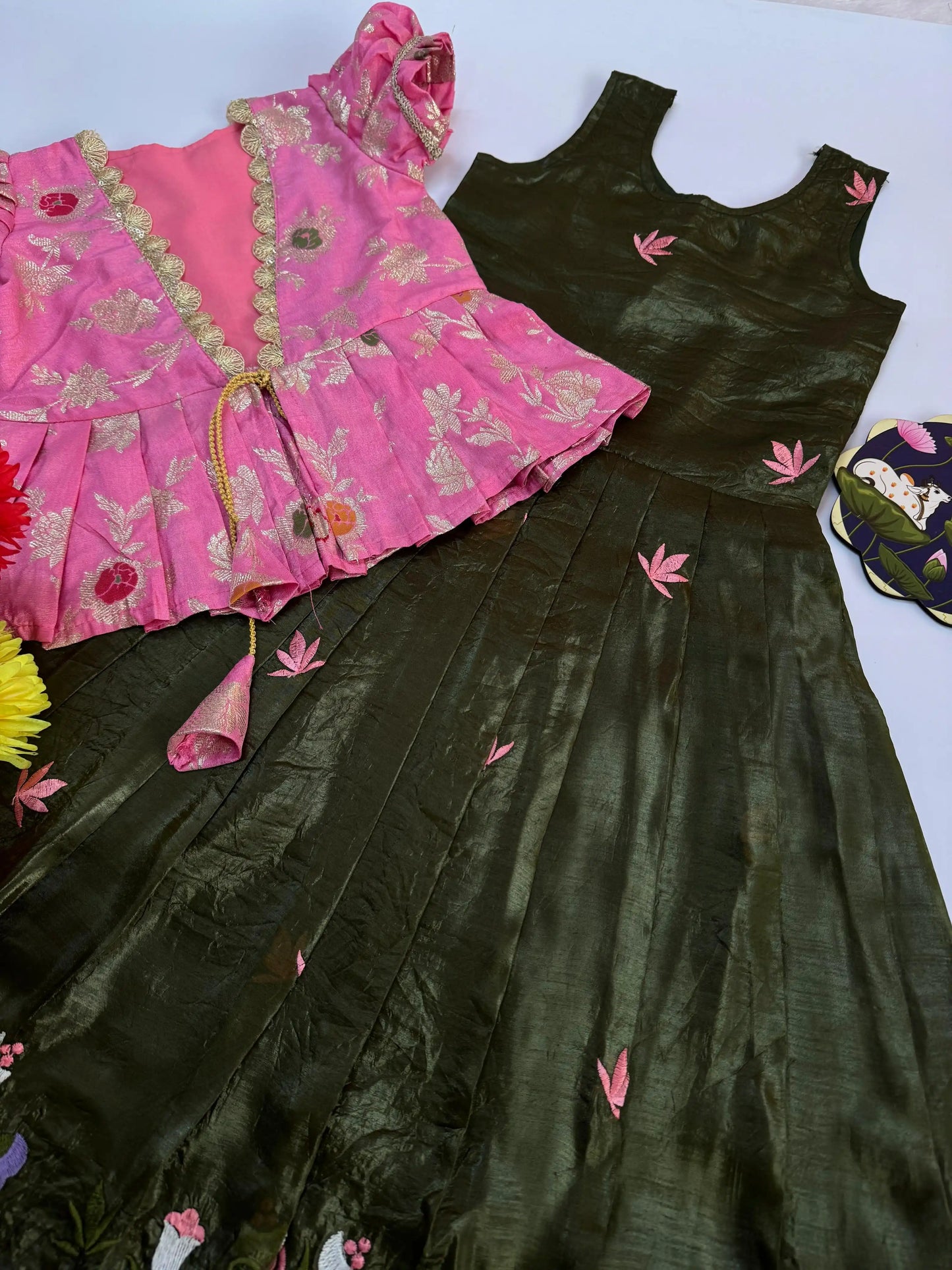 Pichwai Trending Gown With Coat For Kids- Pink-Green