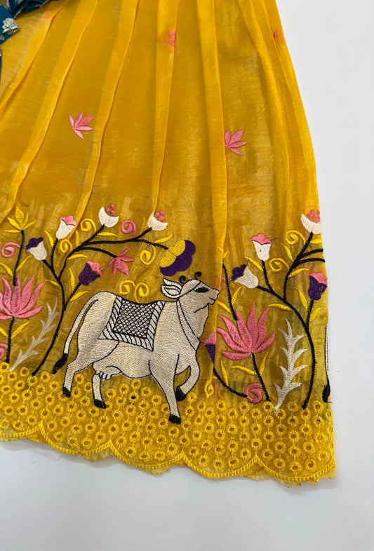 Pichwai Trending Gown With Coat For Kids- Rama-Yellow
