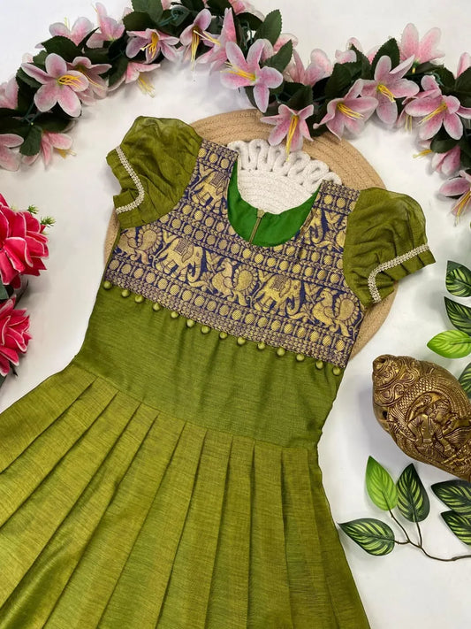 Kids Narayanpet Gown - Parrot