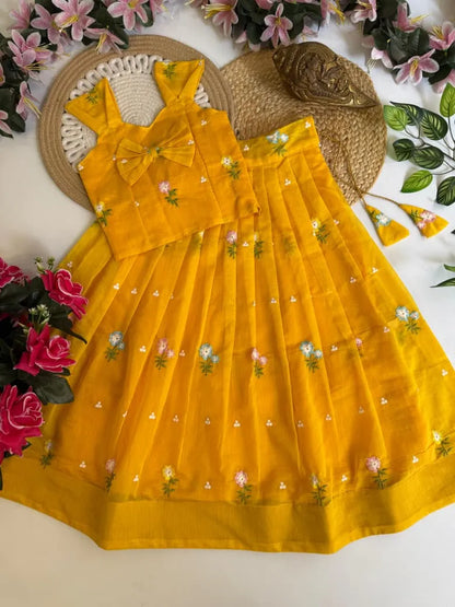 Mul Chanderi Floral Kids Lehenga Set - Yellow