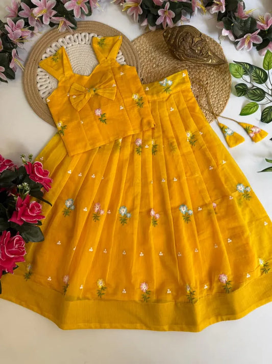 Mul Chanderi Floral Kids Lehenga Set - Yellow
