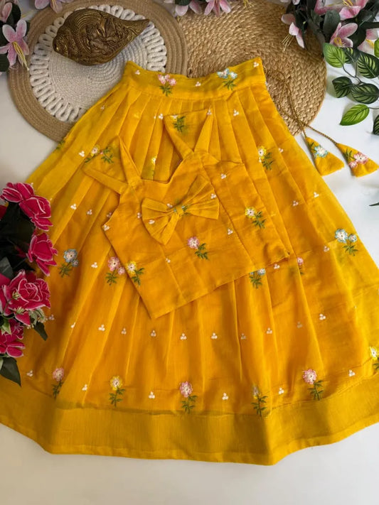 Mul Chanderi Floral Kids Lehenga Set - Yellow