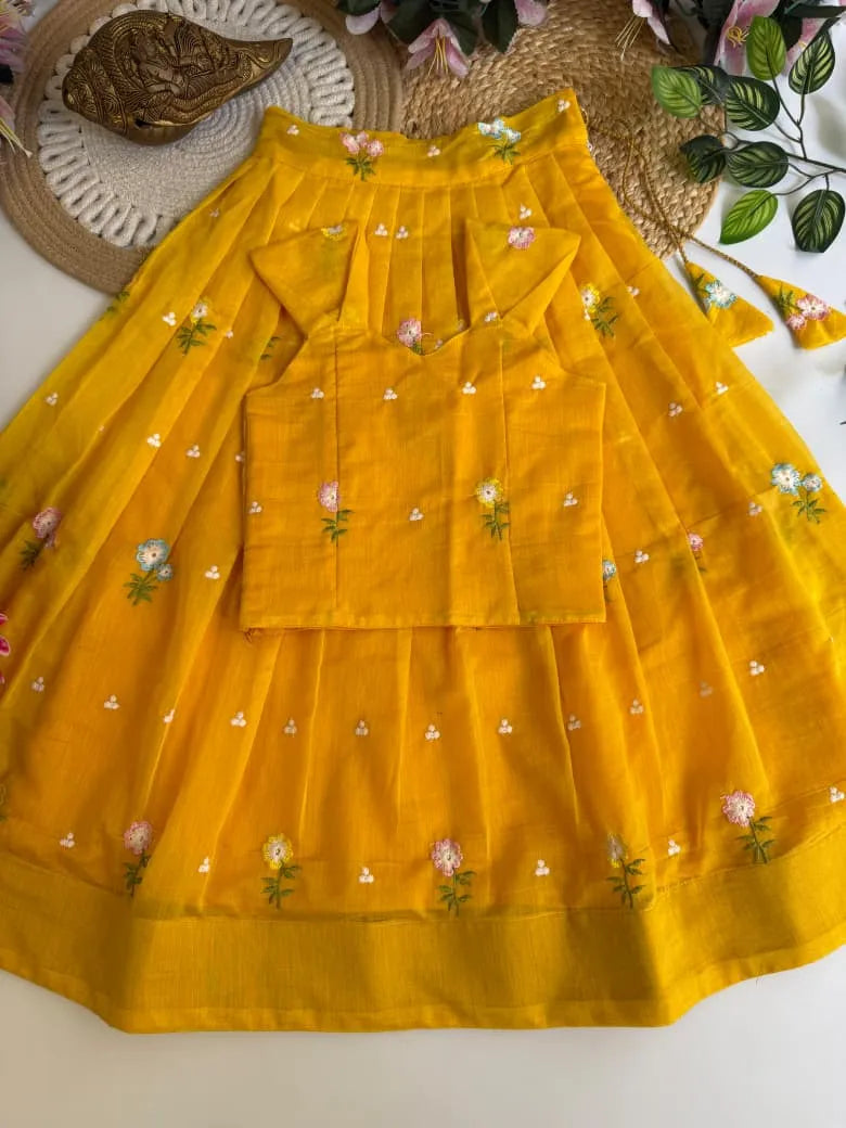 Mul Chanderi Floral Kids Lehenga Set - Yellow