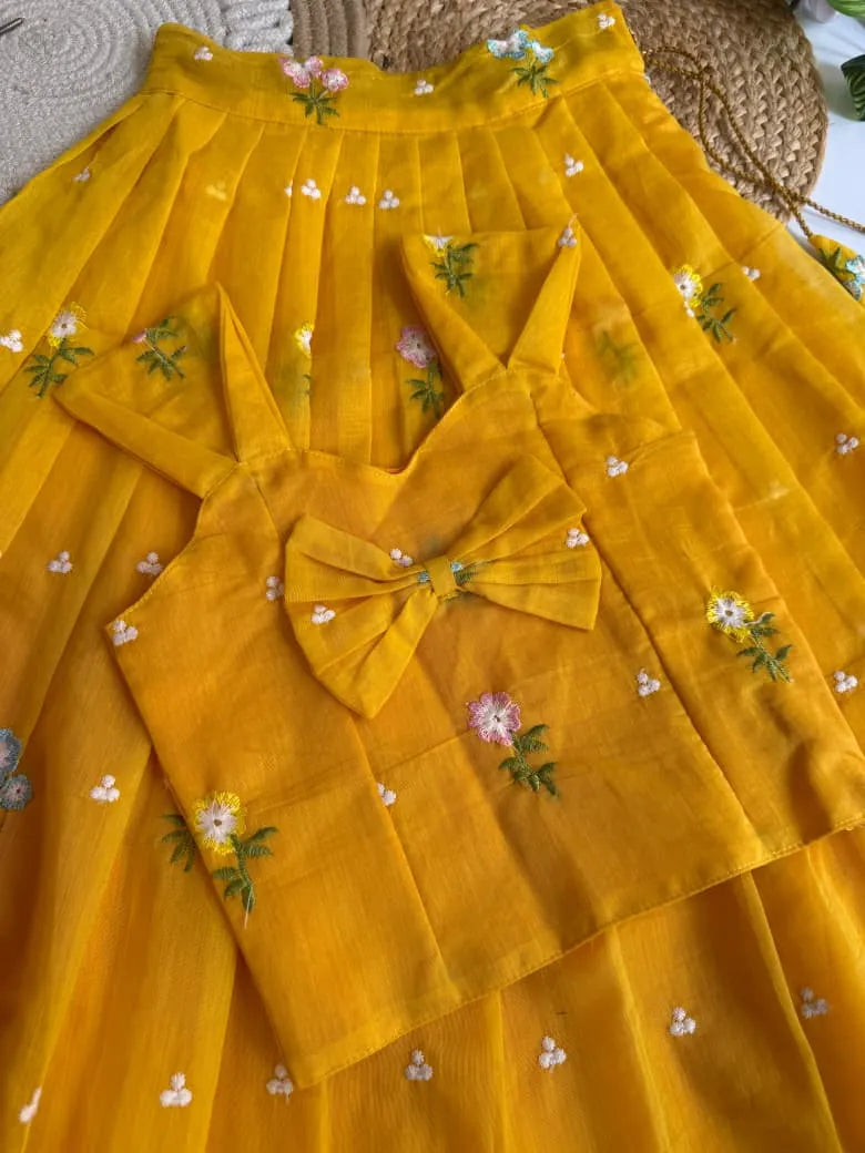 Mul Chanderi Floral Kids Lehenga Set - Yellow