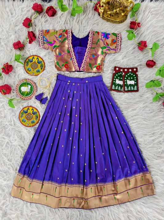 Paithani Zari Kids Skirt & Top Set- Blue
