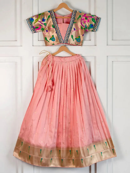 Paithani Zari Kids Skirt & Top Set- Baby Pink