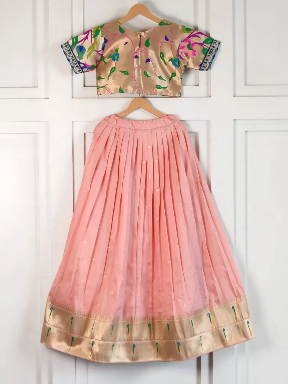 Paithani Zari Kids Skirt & Top Set- Baby Pink