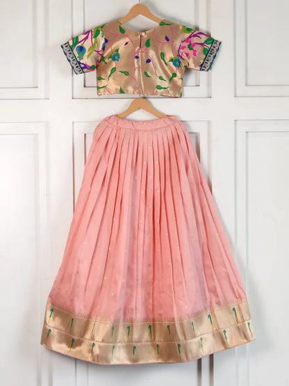 Paithani Zari Kids Skirt & Top Set- Baby Pink
