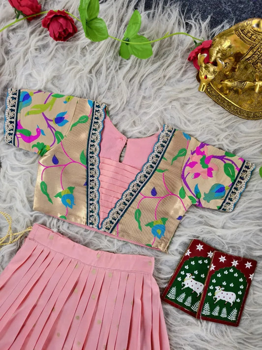 Paithani Zari Kids Skirt & Top Set- Baby Pink
