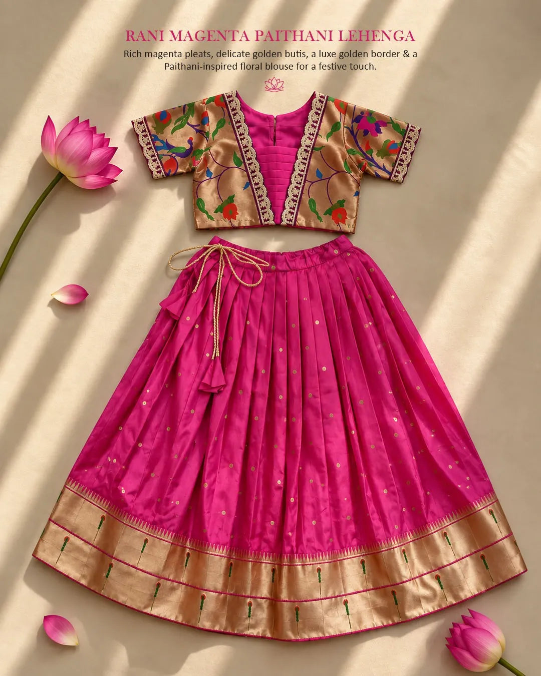Paithani Zari Kids Skirt & Top Set- Rani Pink