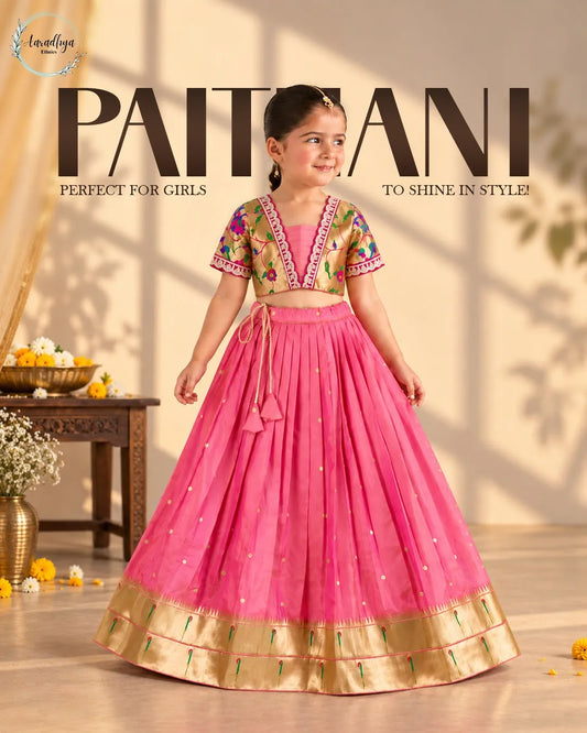 Paithani Zari Kids Skirt & Top Set- Gajri Pink