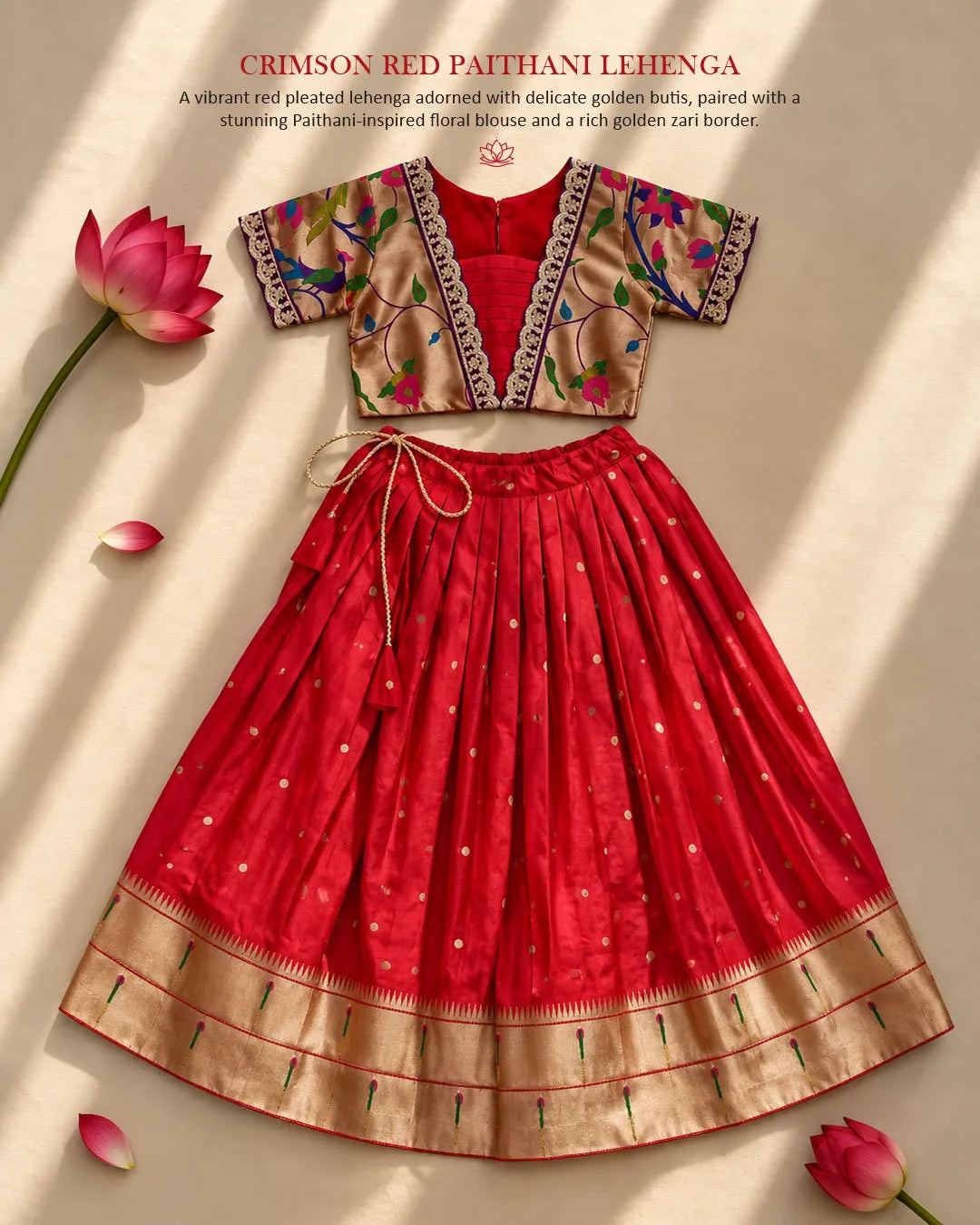 Paithani Zari Kids Skirt & Top Set- Red