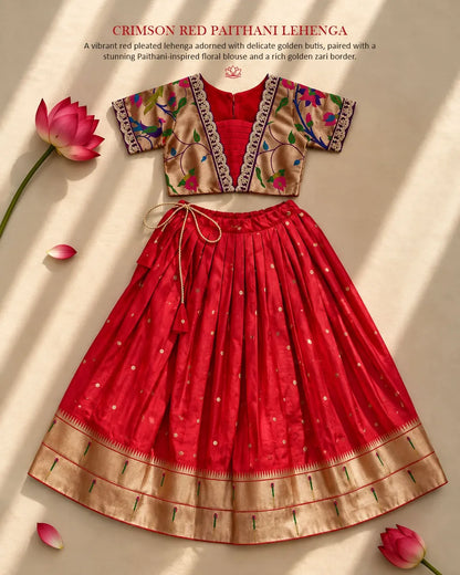 Paithani Zari Kids Skirt & Top Set- Red