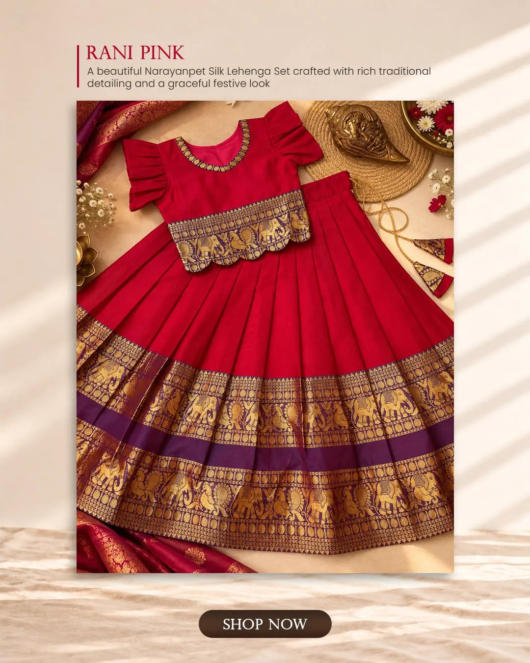 Kids Narayanpet Silk Lehenga - Cherry Red