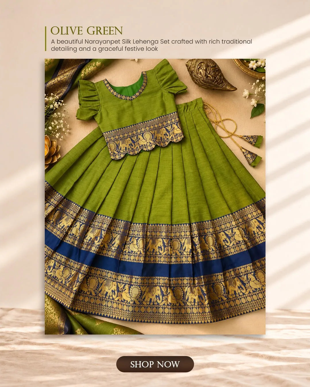 Kids Narayanpet Silk Lehenga - Parrot