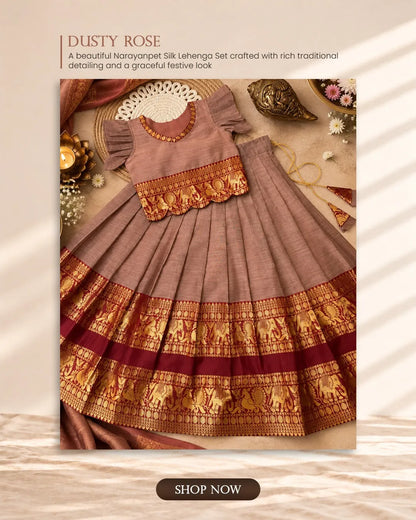 Kids Narayanpet Silk Lehenga - Brown