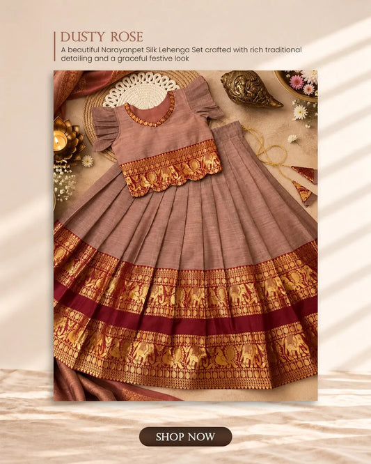 Kids Narayanpet Silk Lehenga - Brown