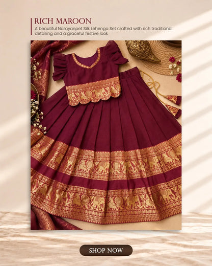 Kids Narayanpet Silk Lehenga - Wine
