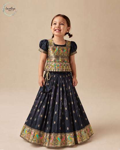 Kids Black Ethnic Soft Silk Skirt & Top Set