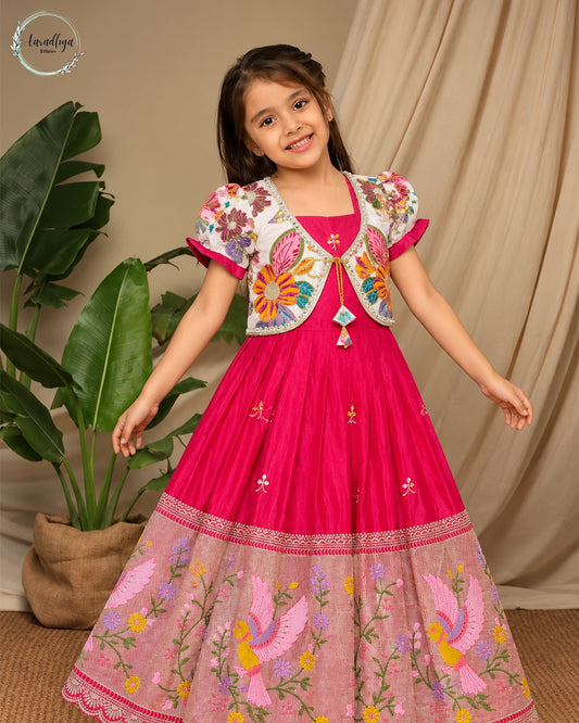 Position Printed & Embroidered Gown for Kids - Red