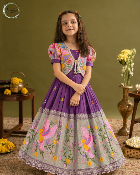 Position Printed & Embroidered Gown for Kids - Lavender